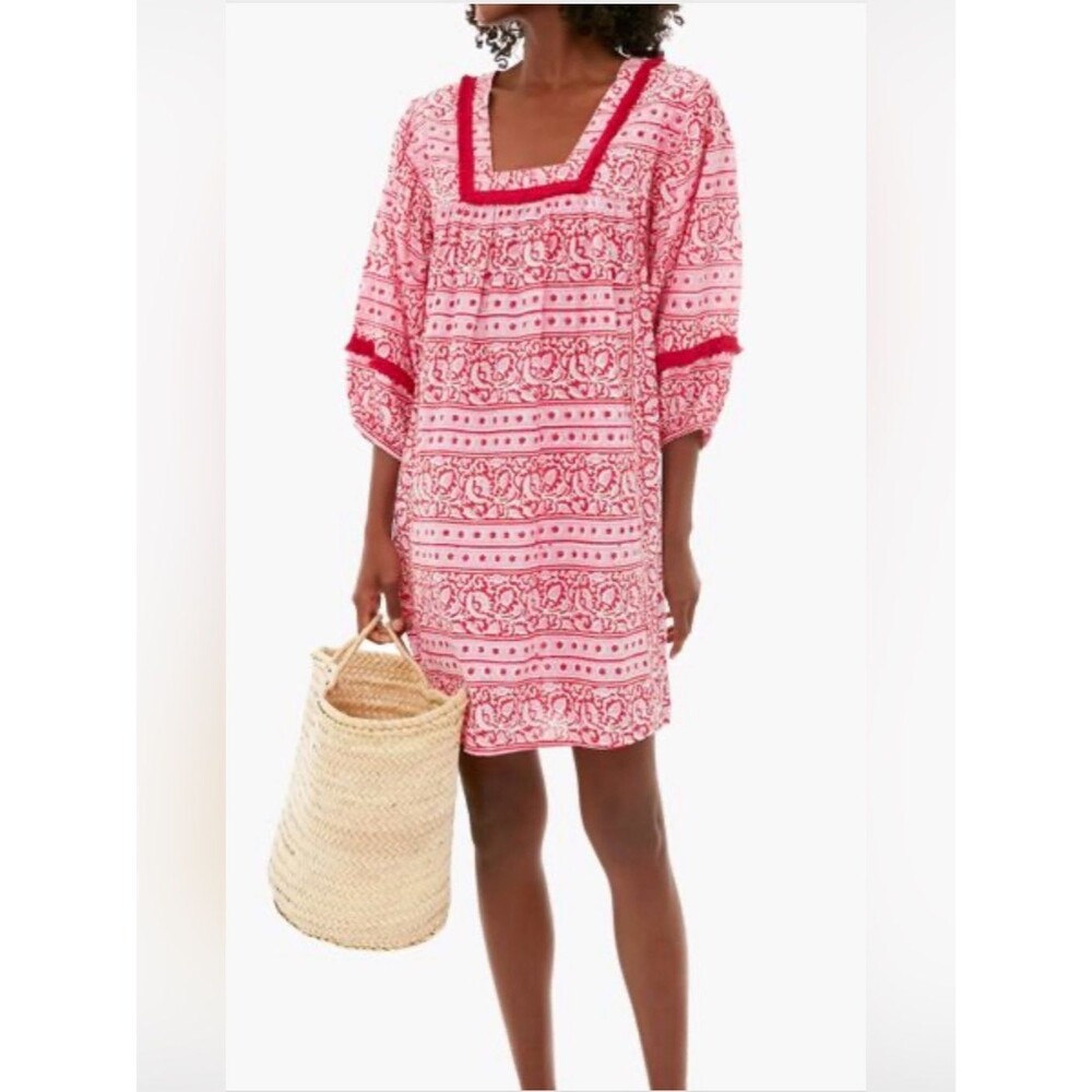 Tuckernuck cotton Pink/red/white Printed Square-Neck Shift bohemian Dress Sz XXL